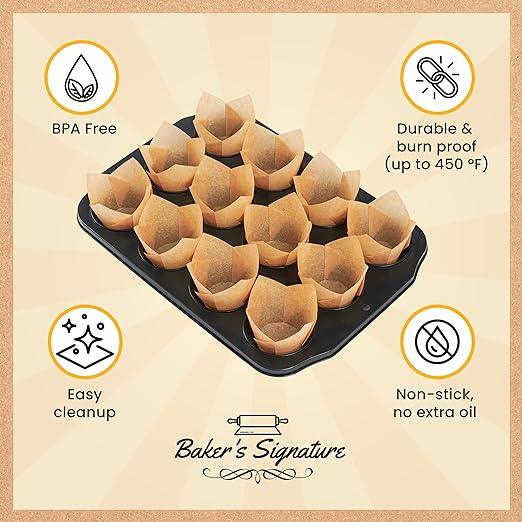 Tulip Cupcake Liners, Muffin Liners for Baking by Baker’s Signature – 150pcs of Parchment Paper Cups Cupcake Wrappers – Perfect Size, Sturdy, Greaseproof & Easy to Use – Natural Brown
