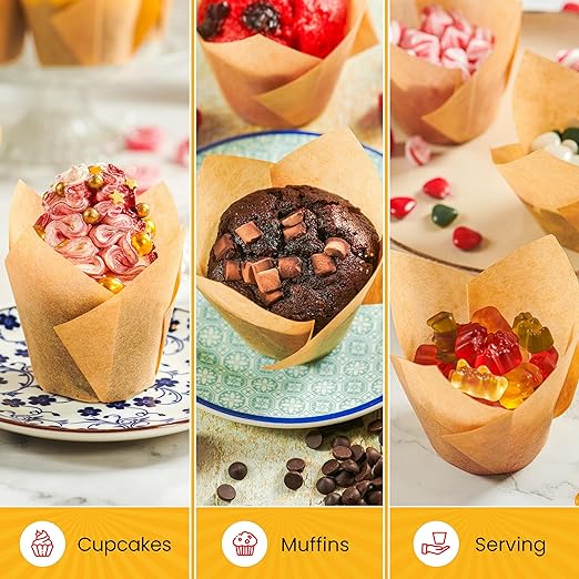 Tulip Cupcake Liners, Muffin Liners for Baking by Baker’s Signature – 150pcs of Parchment Paper Cups Cupcake Wrappers – Perfect Size, Sturdy, Greaseproof & Easy to Use – Natural Brown