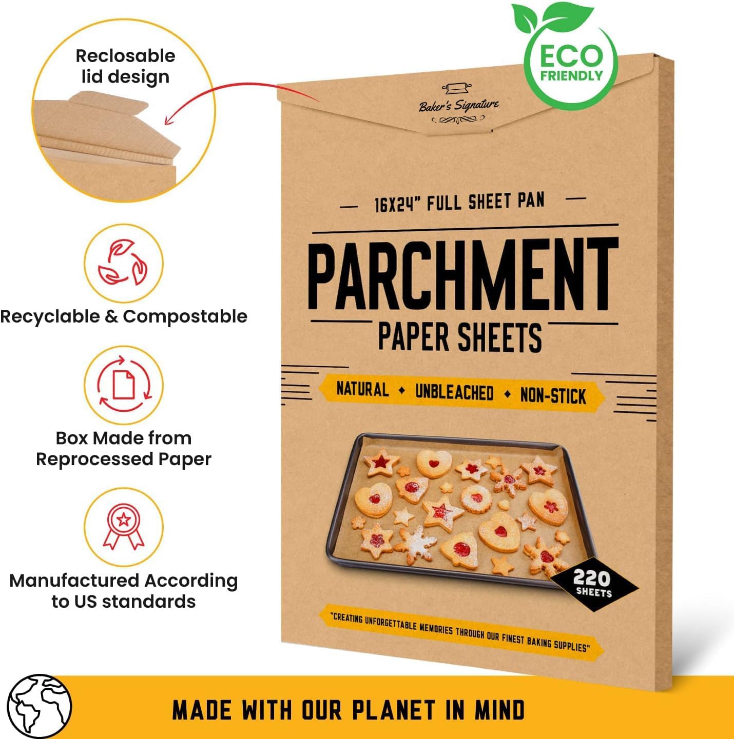 [220 Sheets] Full Sheet Pan 16 x 24 Inch Parchment Paper Baking Sheets by Baker’s Signature | Precut Silicone Coated & Unbleached – Will Not Curl or Burn – Non-Toxic & Comes in Convenient Packaging