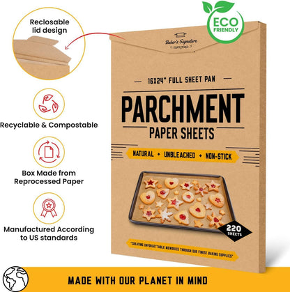 [220 Sheets] Full Sheet Pan 16 x 24 Inch Parchment Paper Baking Sheets by Baker’s Signature | Precut Silicone Coated & Unbleached – Will Not Curl or Burn – Non-Toxic & Comes in Convenient Packaging