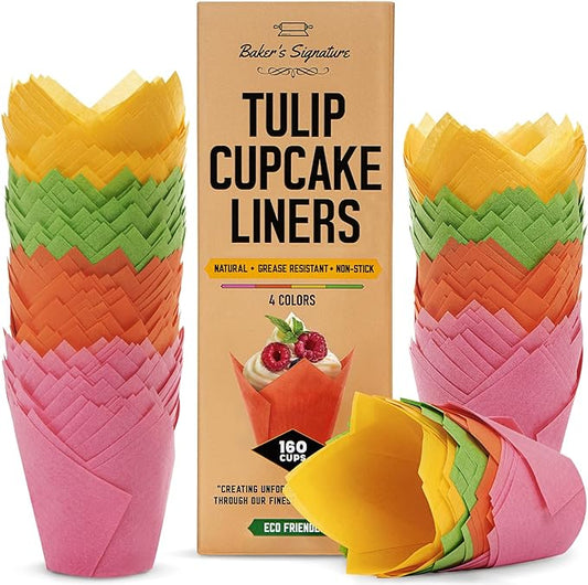 Tulip Cupcake Liners, Muffin Liners for Baking by Baker’s Signature – 160pcs of Parchment Paper Cups Cupcake Wrappers – Perfect Size, Sturdy, Greaseproof & Easy to Use – Colorful
