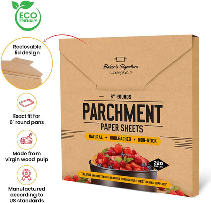 6 Inch Rounds Pack of 220 Parchment Paper Baking Sheets by Baker’s Signature | Precut Silicone Coated & Unbleached – Will Not Curl or Burn – Non-Toxic & Comes in Convenient Packaging