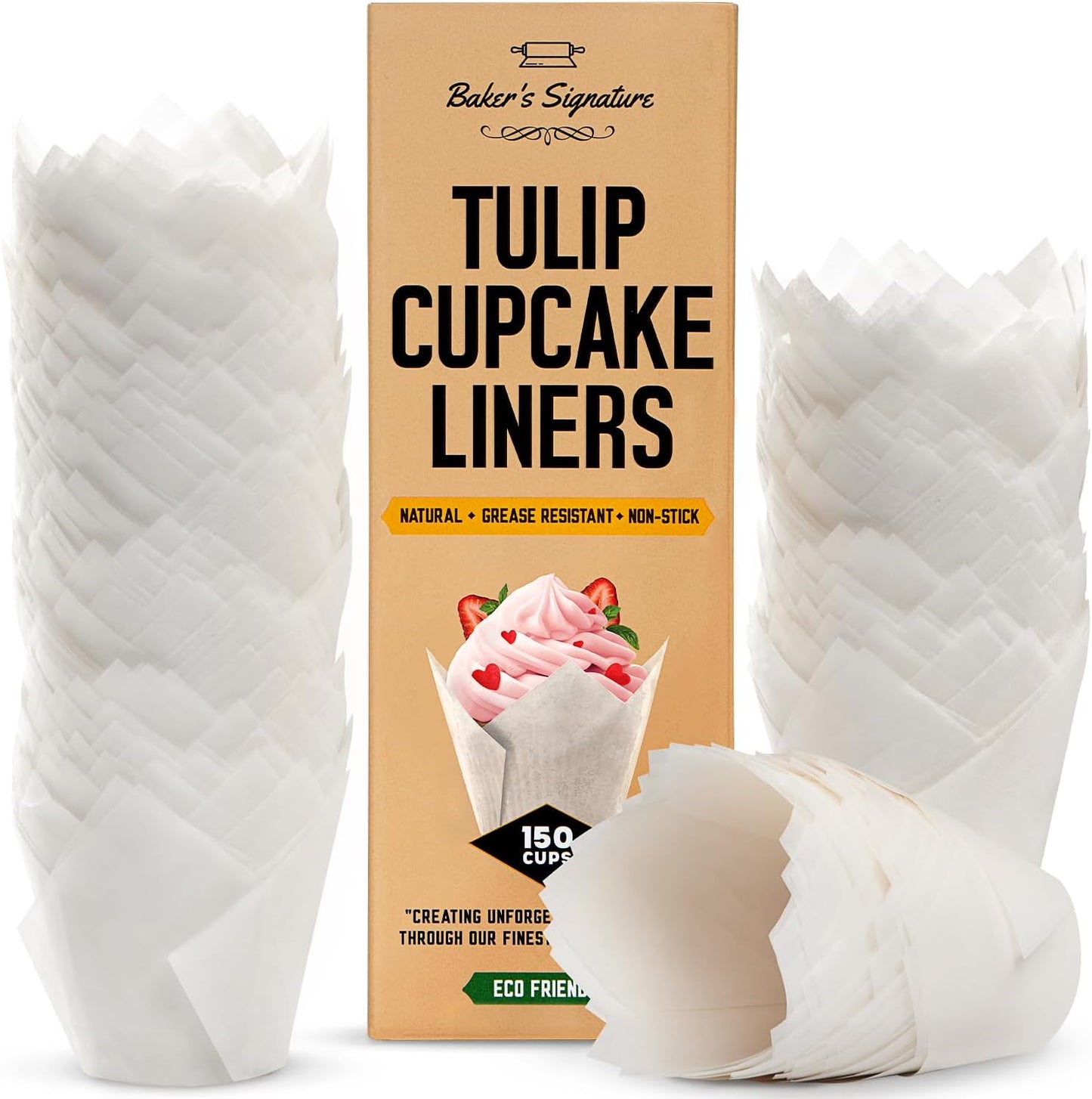 Tulip Cupcake Liners, Muffin Liners for Baking by Baker’s Signature – 150pcs of Parchment Paper Cups Cupcake Wrappers – Perfect Size, Sturdy, Greaseproof & Easy to Use – Wedding Decor – All White