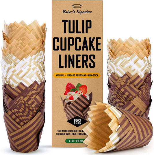 Tulip Baking Cups - Striped Tulip Baking Paper Cupcake & Muffin Liners Pack of 150 | Grease resistant Wrappers by Baker’s Signature – Will Not Curl or Burn – Non-Toxic & Comes in Convenient Packaging