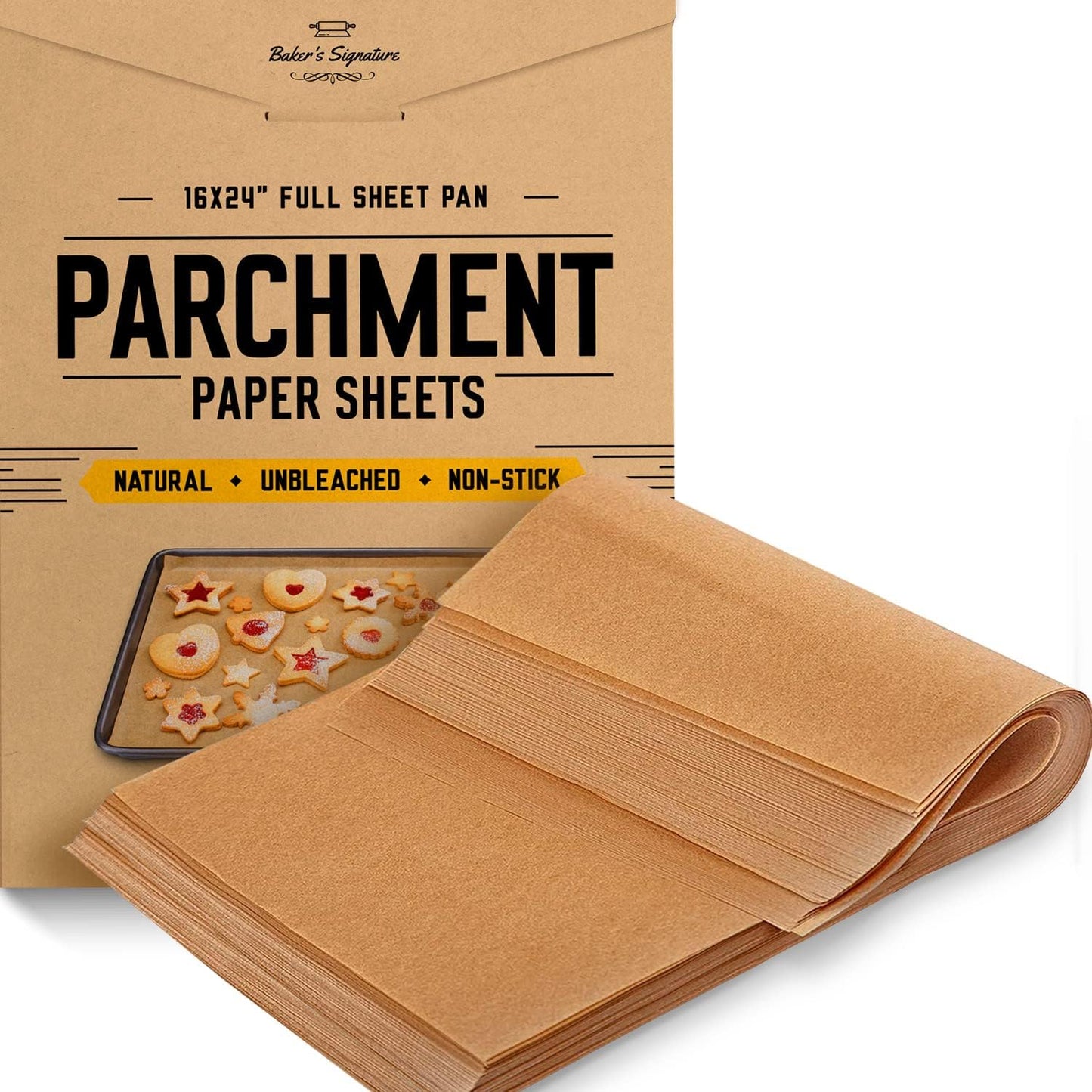 [220 Sheets] Full Sheet Pan 16 x 24 Inch Parchment Paper Baking Sheets by Baker’s Signature | Precut Silicone Coated & Unbleached – Will Not Curl or Burn – Non-Toxic & Comes in Convenient Packaging