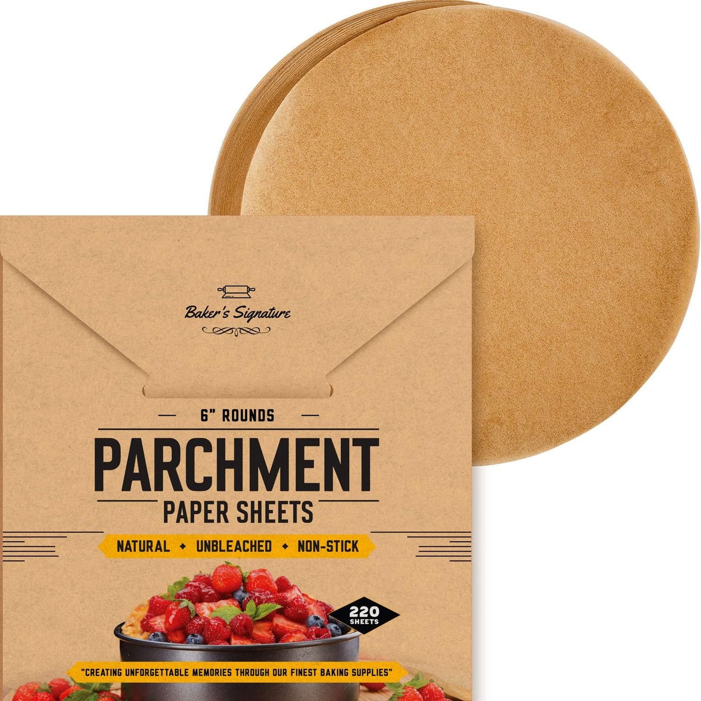 6 Inch Rounds Pack of 220 Parchment Paper Baking Sheets by Baker’s Signature | Precut Silicone Coated & Unbleached – Will Not Curl or Burn – Non-Toxic & Comes in Convenient Packaging