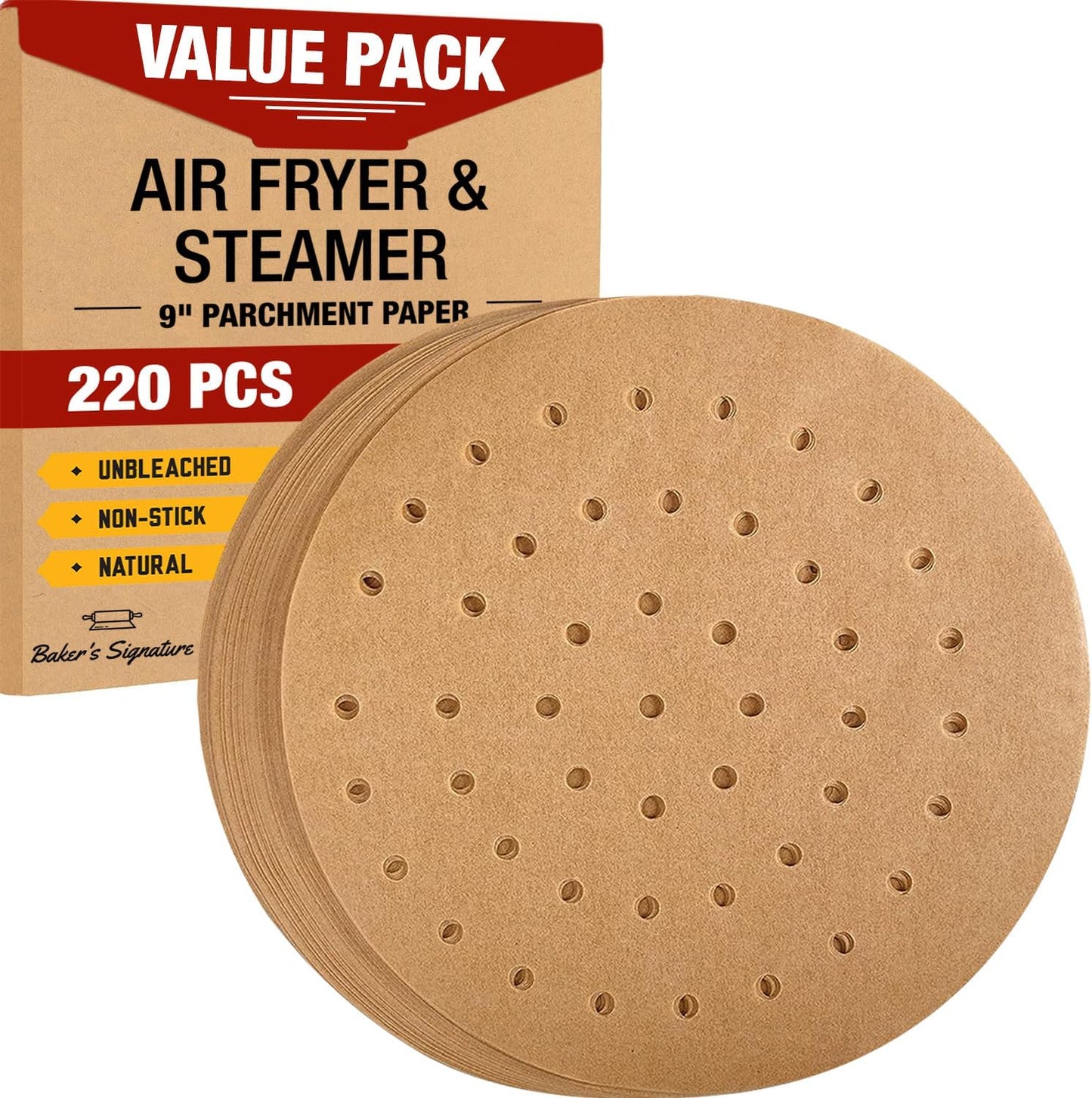 9″ Steamer Paper, Air Fryer Round Parchment Paper Liners – 220pcs Unbleached Bamboo Steamer Liners – Easy Cleanup, Will Not Burn or Curl, Non-Toxic & Convenient Packaging by Baker’s Signature