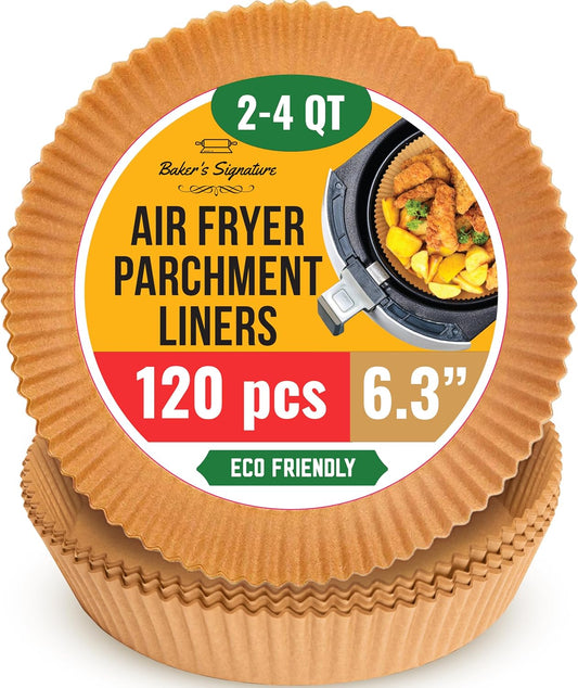 Small Air Fryer Liners, 2 qt Air Fryer Liners, 120Pcs Disposable Parchment Paper Liners – Non-Stick and Oil Proof for Easy Cleanup – 6.3” Round for 2-5 qt Basket by Baker's Signature
