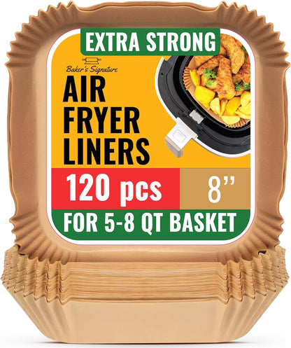 Air Fryer Paper Liners, 120Pcs Air Fryer Disposable Liners, Non-Stick and Oil Proof for Easy Cleanup, 8” Square for 5-8 qt Basket by Baker's Signature