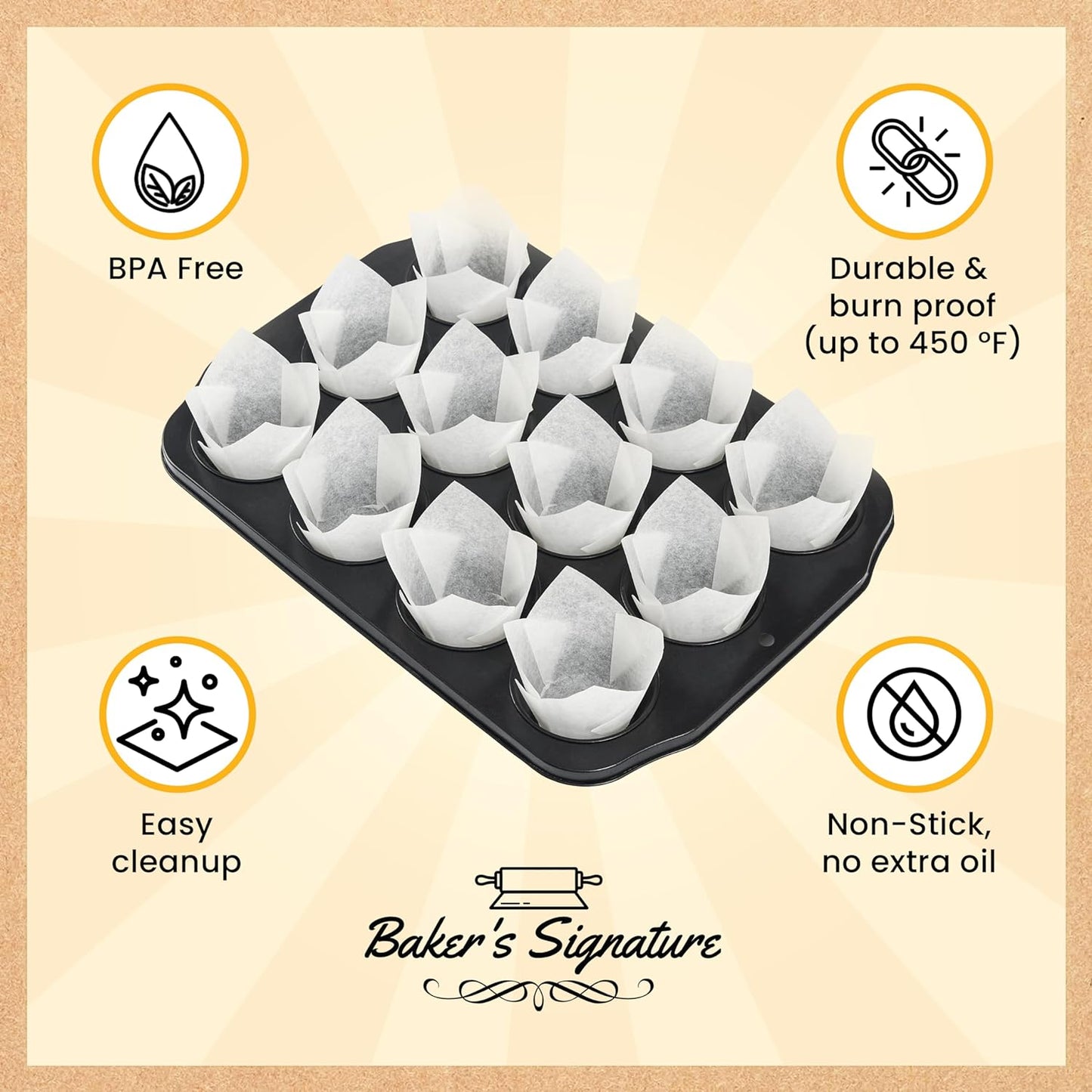 Tulip Cupcake Liners, Muffin Liners for Baking by Baker’s Signature – 150pcs of Parchment Paper Cups Cupcake Wrappers – Perfect Size, Sturdy, Greaseproof & Easy to Use – Wedding Decor – All White