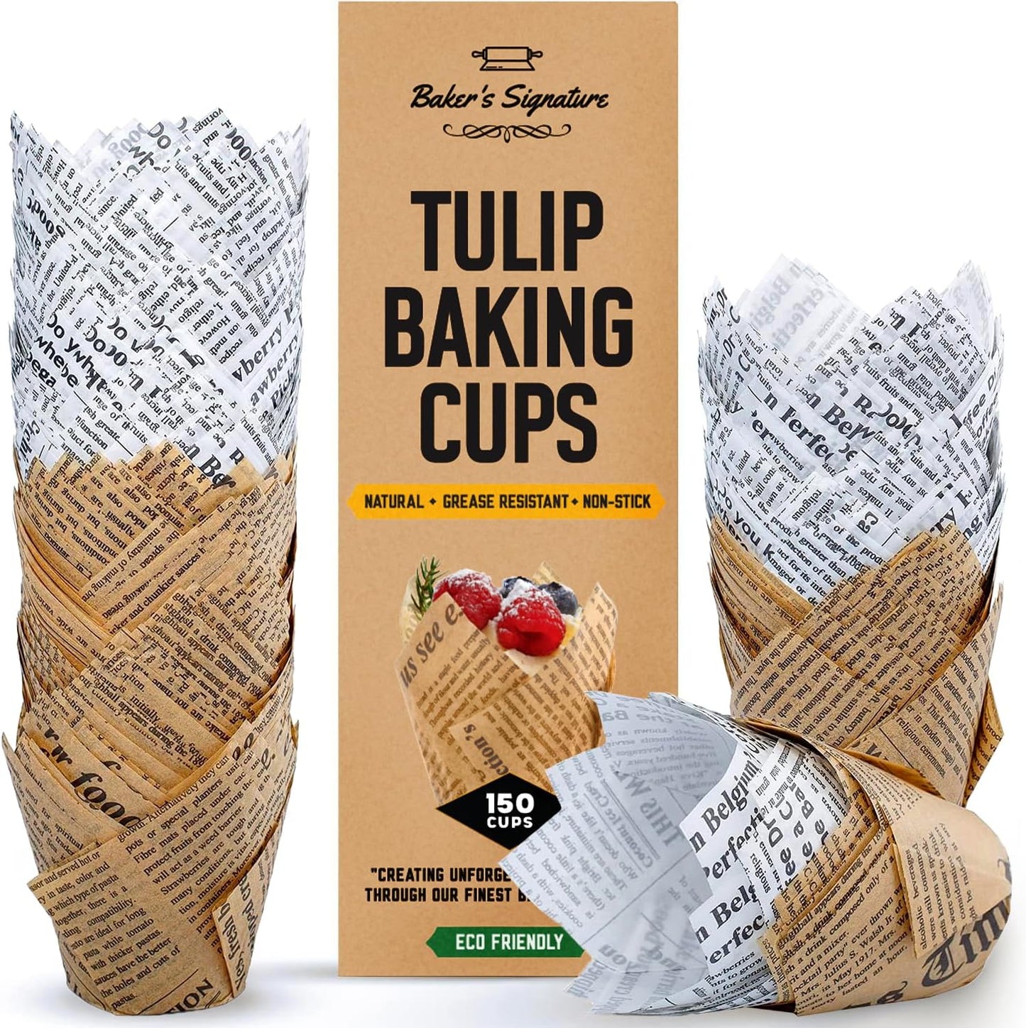 Tulip Cupcake Liners, Muffin Liners for Baking by Baker’s Signature – 150pcs of Parchment Paper Cups Cupcake Wrappers – Perfect Size, Sturdy, Greaseproof & Easy to Use – Beige White Brown