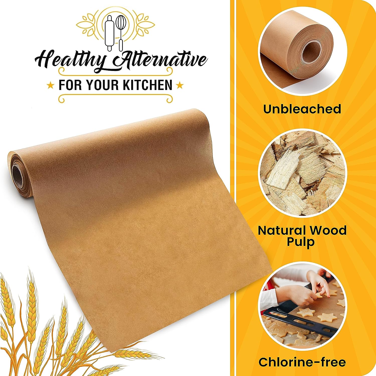 Unbleached Parchment Paper Roll for Baking, 13 in x 164 Ft, 177 Sq.Ft,  Baklicious Non-stick Baking Parchment Paper for Baking, Cookies, Bread,  Oven