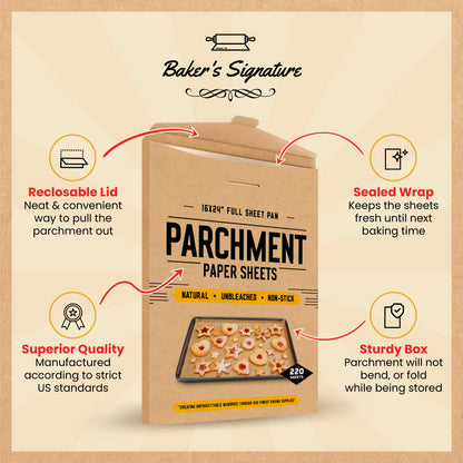 Parchment Paper Baking Sheets by Baker’s Signature | Precut Silicone Coated & Unbleached – Will Not Curl or Burn – Non-Toxic & Comes in Convenient Packaging – 16 x 24 Inch Full Sheet Pans Pack of 120