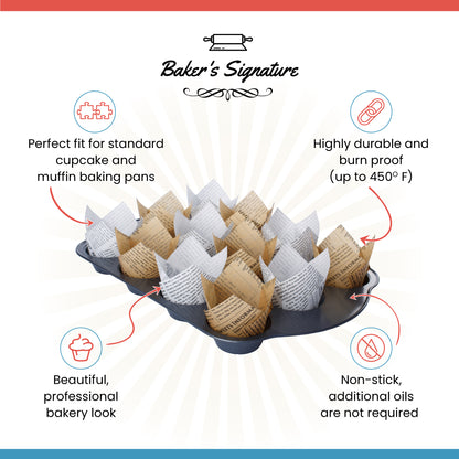 Baker's Signature Tulip Baking Cups Newspaper Pattern Paper Cupcake & Muffin Liners Pack of 150 | Grease Resistant Wrappers – Will Not Curl or Burn – Comes in Convenient Packaging